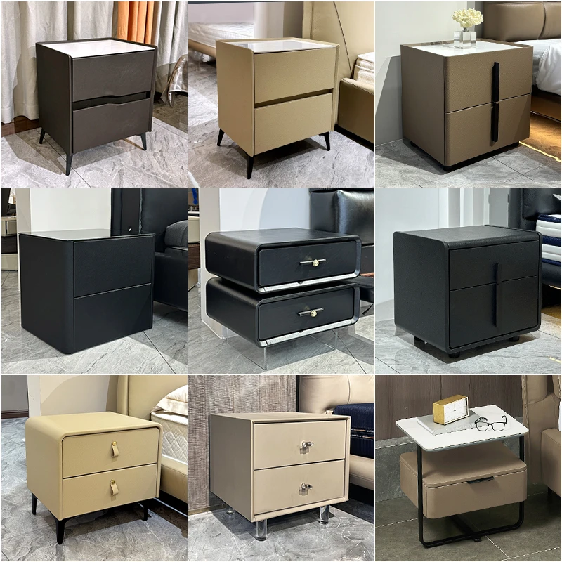 无品牌简约实木床头柜储物收纳柜钢化玻璃岩板卧室家用双层床头柜