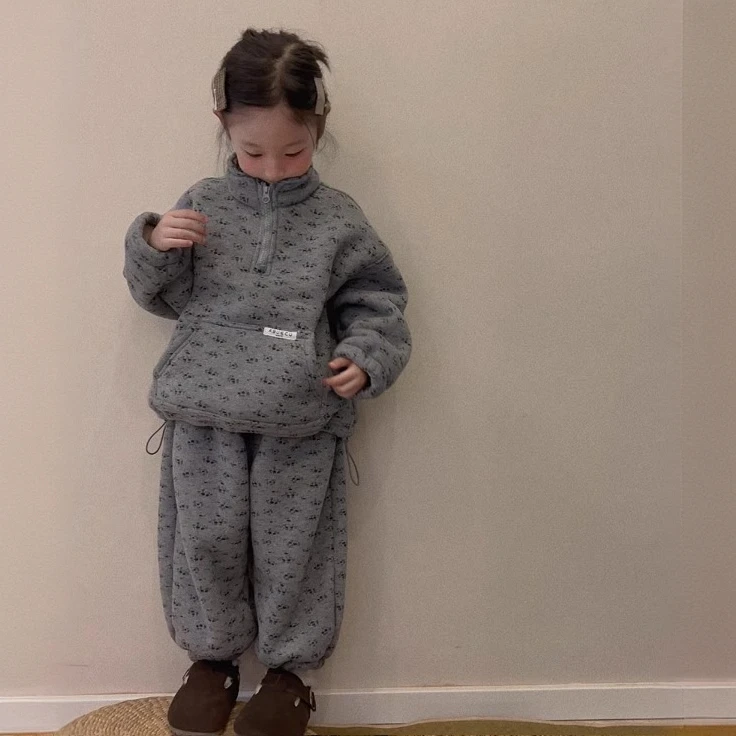 女童韩版碎花卫衣套装冬季2024新款儿童时尚加绒加厚运动两件套