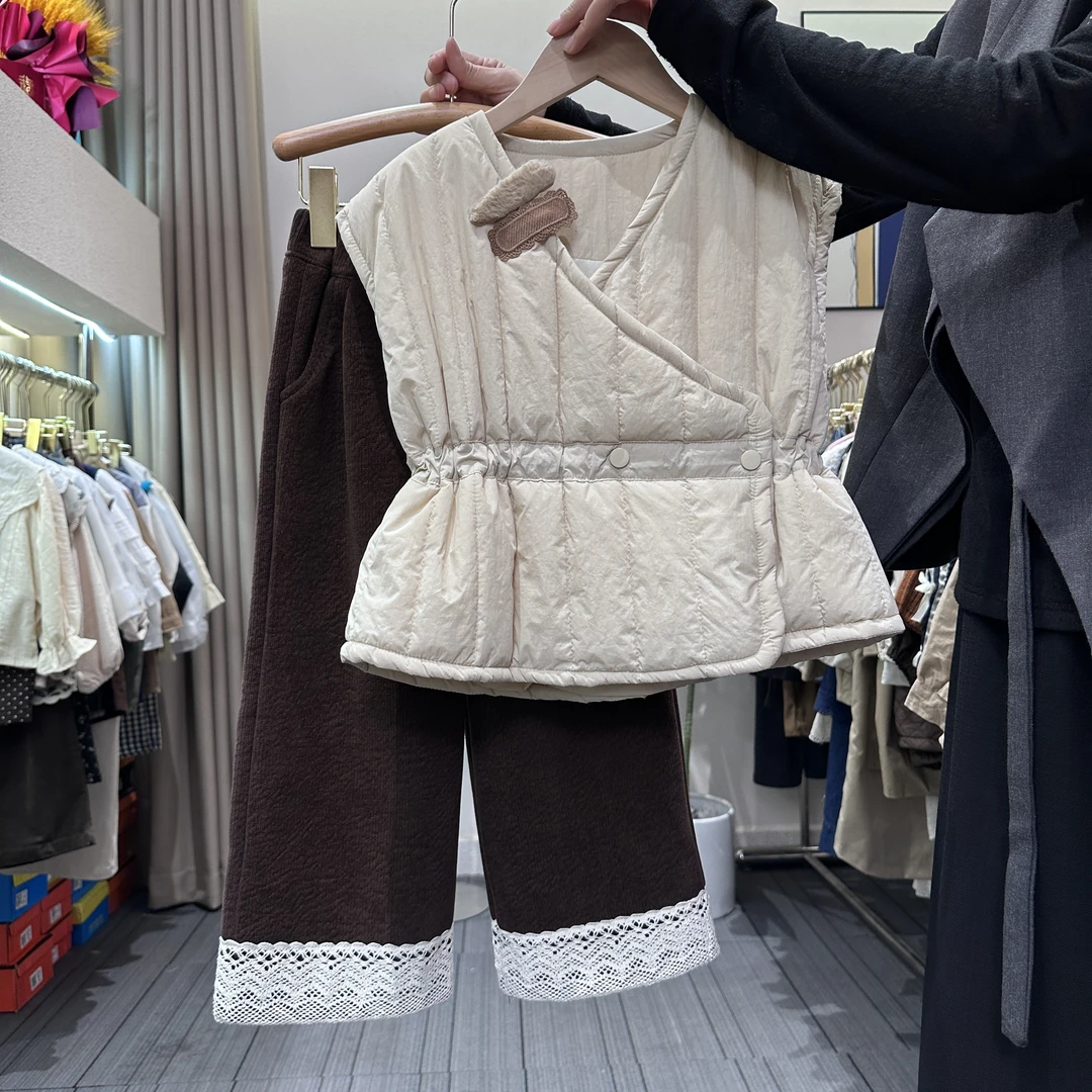 韩版原创女童马甲夹棉加绒加厚款套装韩系童装一整套儿童马甲洋气