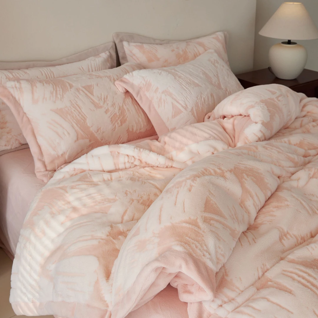 秋冬保暖浮雕绒仿兔绒四件套加厚法莱宝宝绒雕花绒床品双人被套