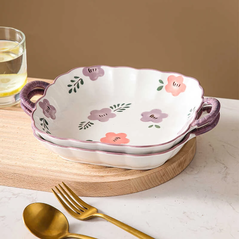 紫萱花9.5英寸双耳四方盘2个高颜值釉下彩陶瓷餐具汤盘菜盘水果盘