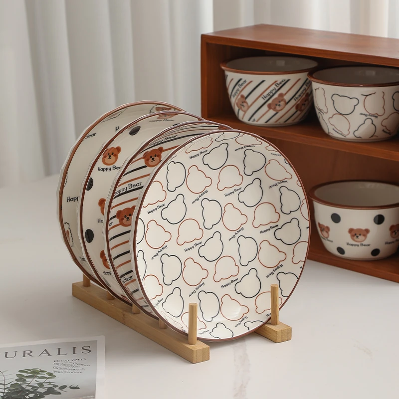 ins风可爱陶瓷米饭碗家用盘子卡通小熊高颜值酸奶碗儿童小碗餐具