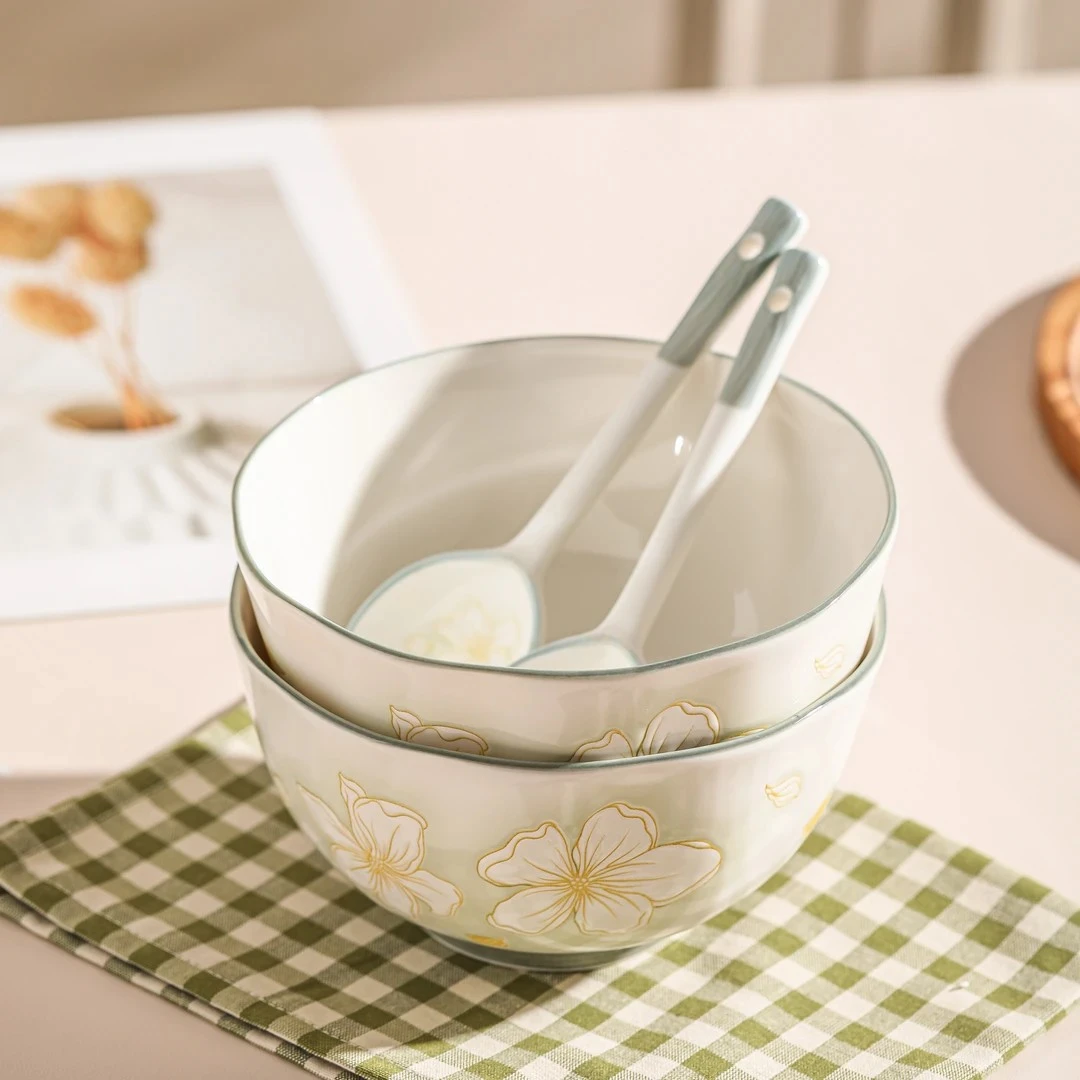 新款黄金叶6英寸面碗2碗2勺家用釉下彩陶瓷餐具防烫隔热家用饭碗