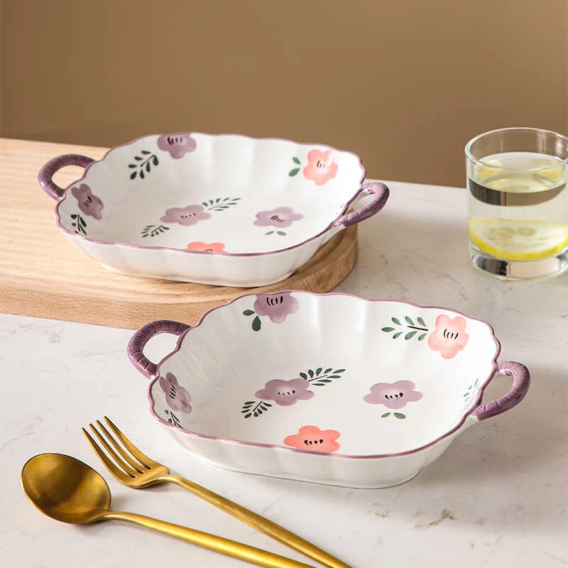 紫萱花双耳四方盘2个装高颜值小清新釉下彩陶瓷餐具汤盘菜盘