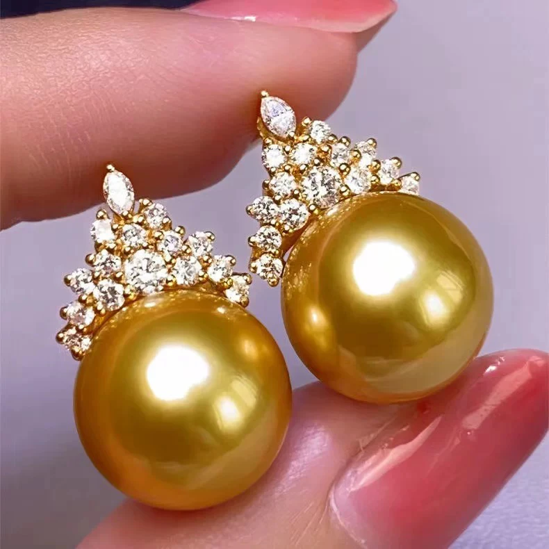 925银耳饰 南阳金色珠珠精致冰雪女王耳钉高贵典雅奢华14mm耳钉