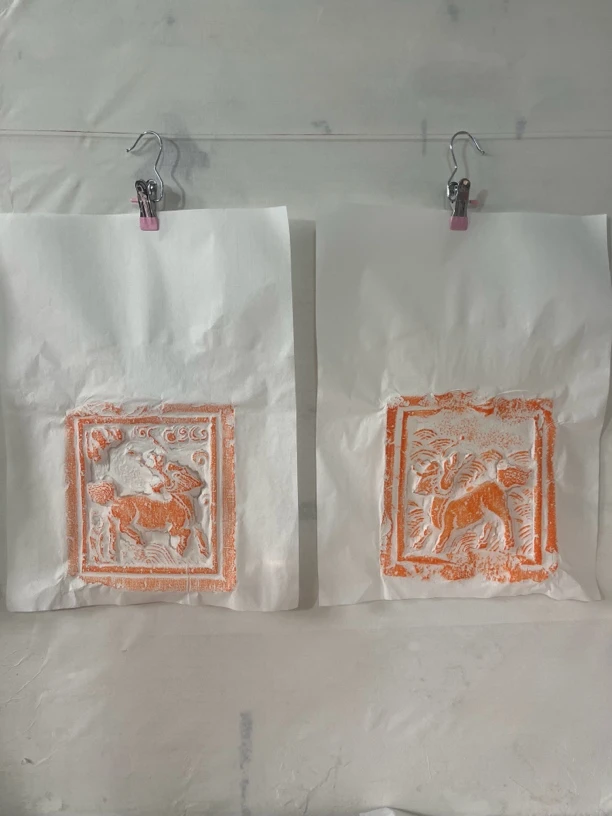 【拓石记】高浮雕/麒麟拓片一对/麒麟望月/朱砂拓/题跋拓片/46/34