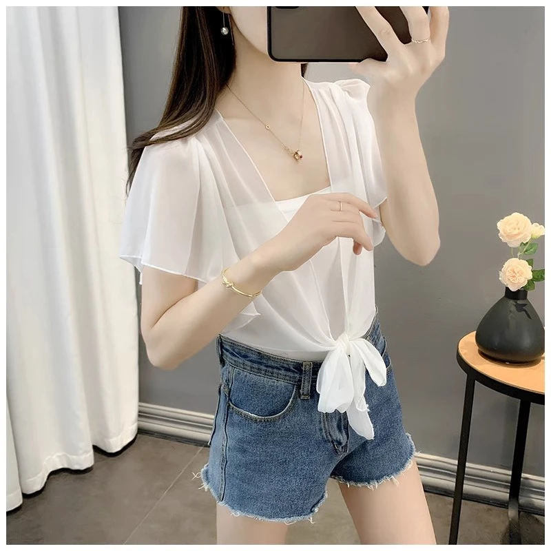 短款雪纺短袖防晒衣女2024新款夏季薄款宽松外搭配裙子吊带裙罩衫