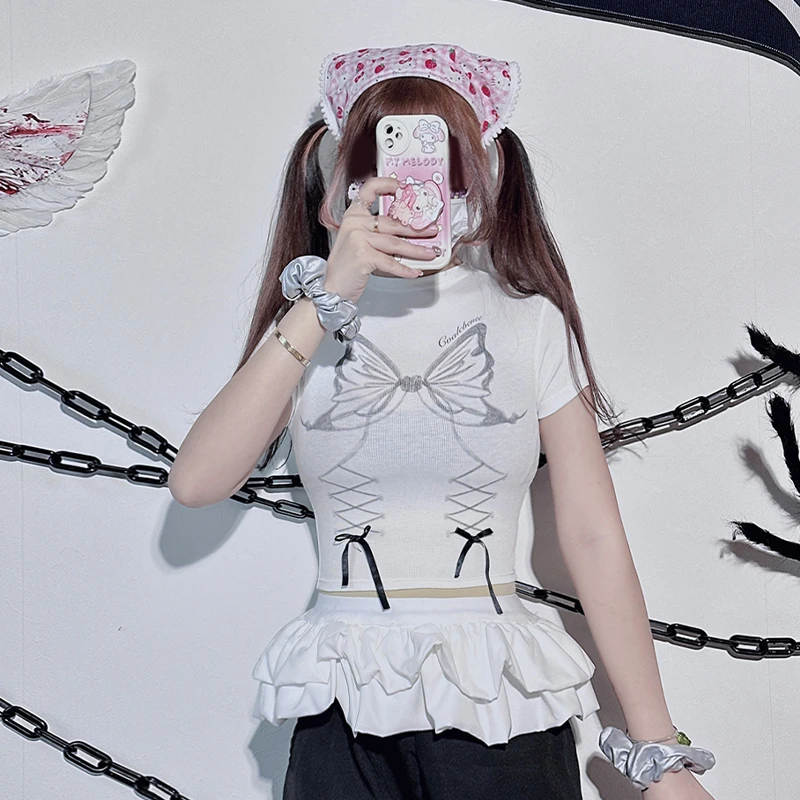 饭粒家 甜妹芭蕾风蝴蝶结丝带短袖印花T恤女上衣新款修身正肩短袖