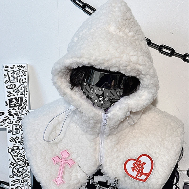 饭粒家 原宿Y2K辣妹亚文化亚比加厚毛绒连帽子围脖白色毛毛围巾