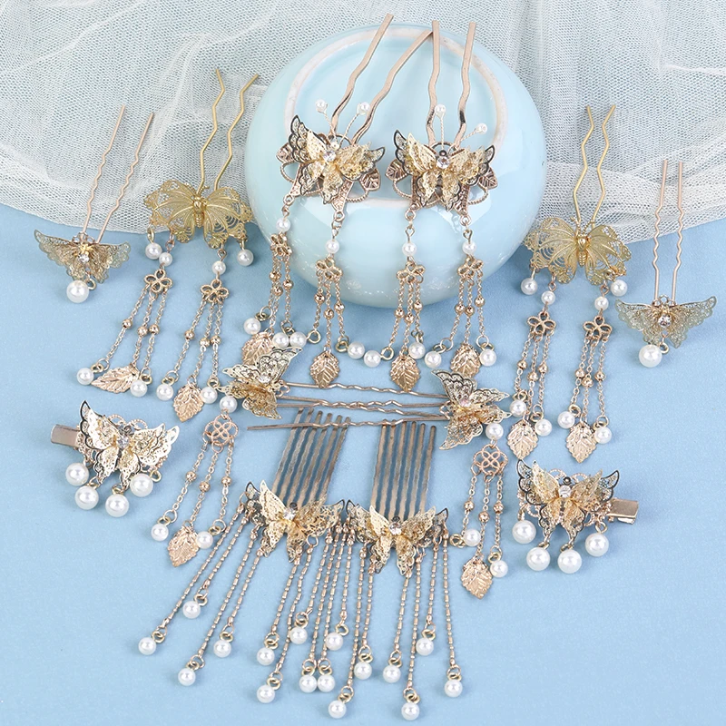 金色蝴蝶发簪古风发饰金属发钗流苏发夹汉服头饰珍珠吊坠儿童饰品