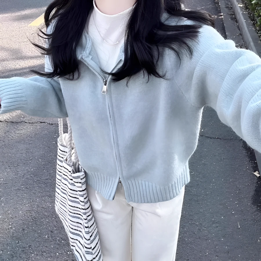 蓝色连帽针织衫春装外套女秋冬季宽松慵懒风拉链毛衣开衫短款秋季