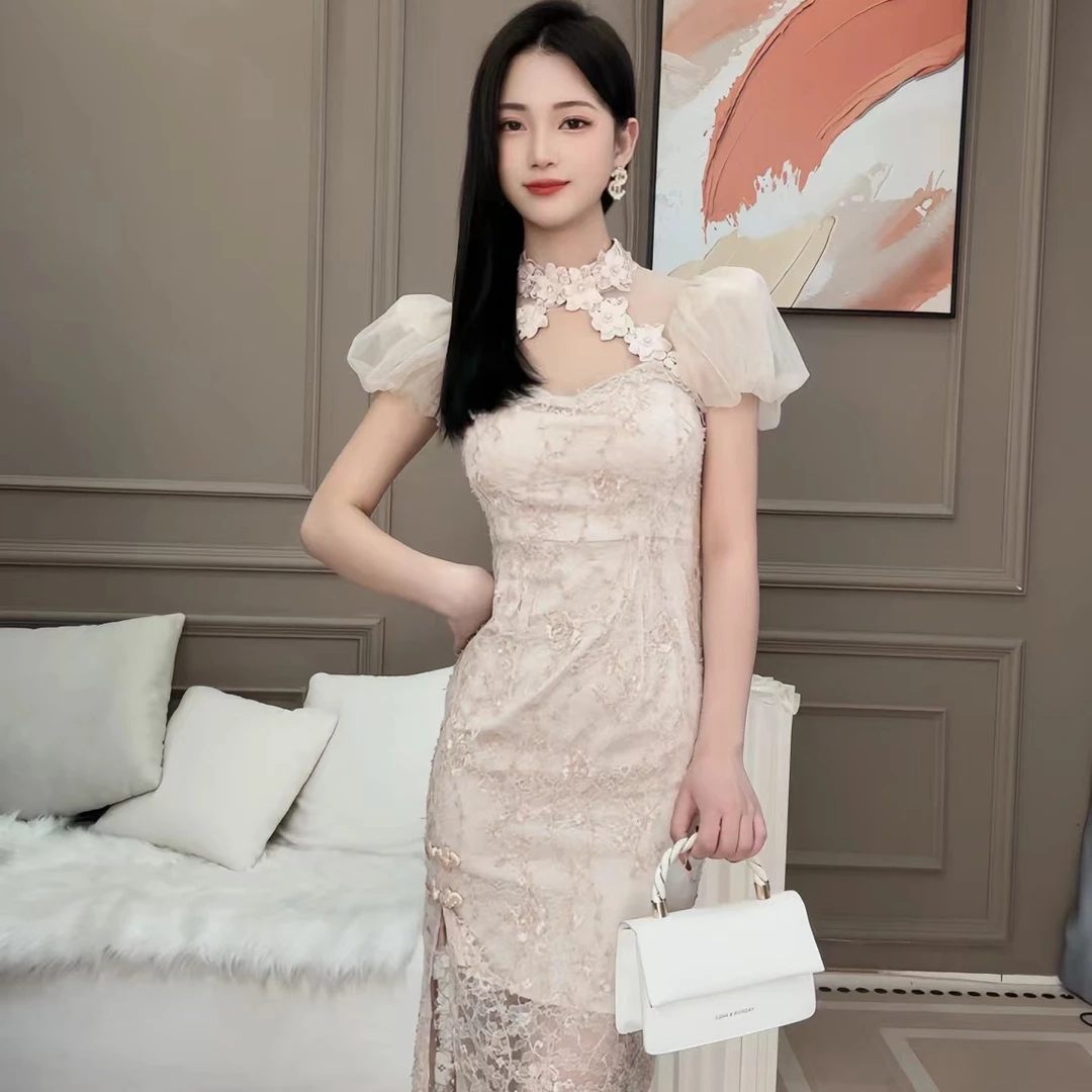 2025春装新款中国风蕾丝气质提花高贵修身显瘦连衣裙21159