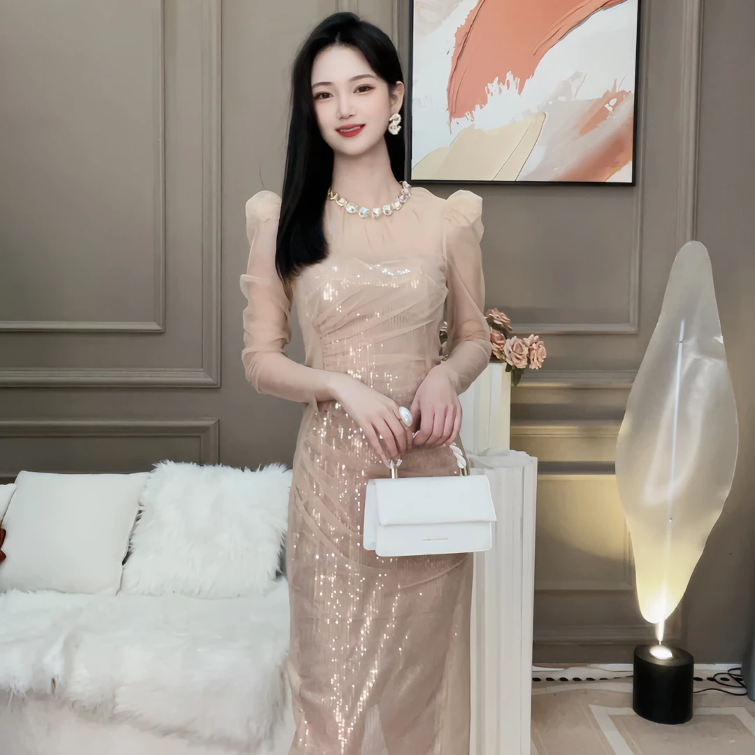 11106复古名媛长款修身显瘦设计师优雅轻奢气质连衣裙