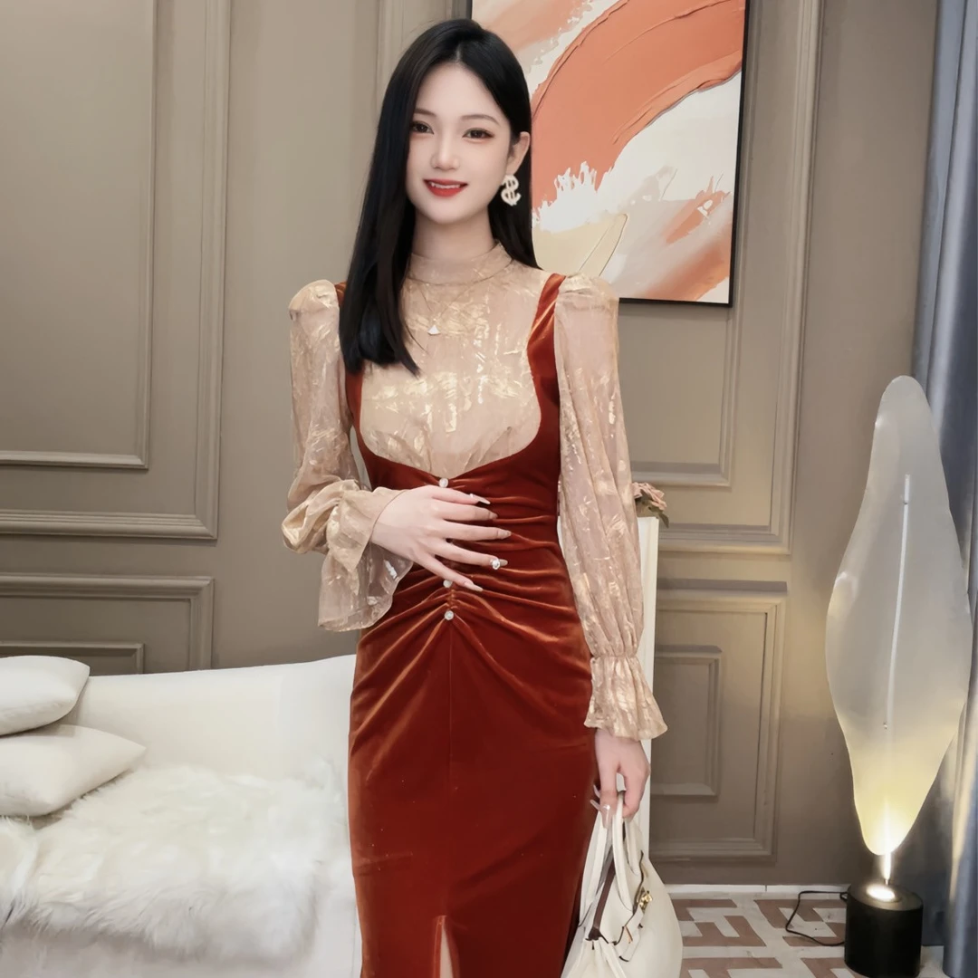【焦糖肉桂】20986新款时尚丝绒拼接洋气修身显白气质长袖连衣裙