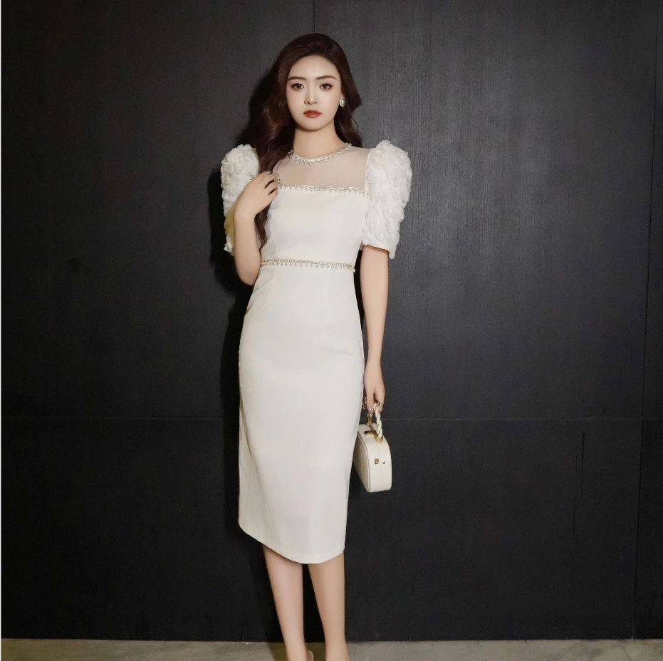 50106赫本风复古气质小众长裙女夏季高端精致方领修身连衣裙子