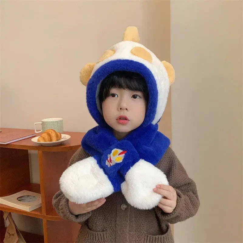 奥特曼儿童帽子围巾一体冬季保暖男女宝宝加绒加厚护耳包头帽Q294