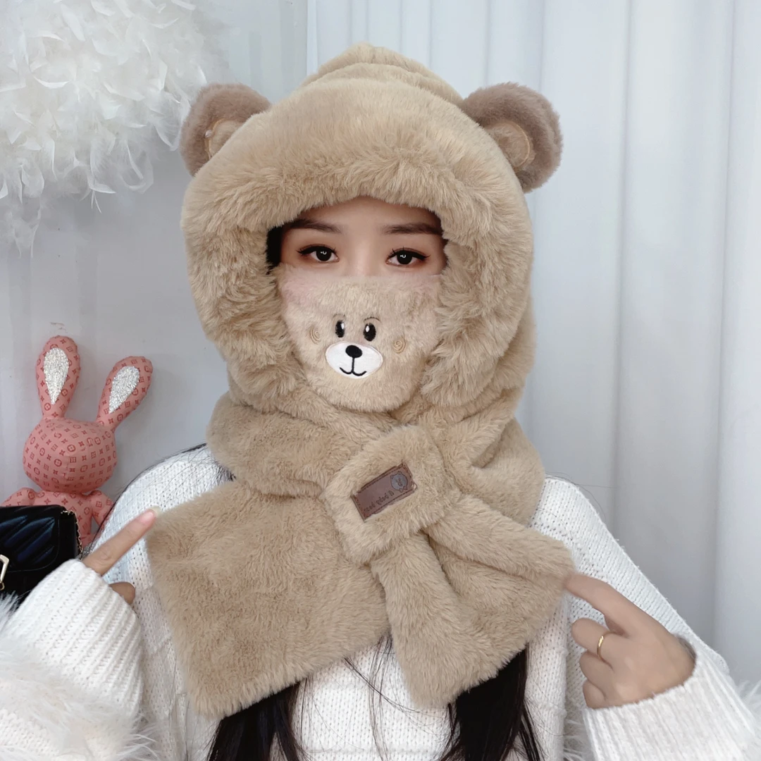 小熊帽子女冬季骑车保暖交叉围脖连帽一体骑电动车套头围巾T546