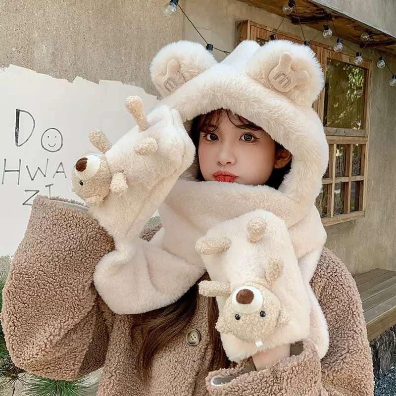 小熊帽子围巾手套一体女冬口袋熊可爱防风围脖骑车加厚保暖Q214A