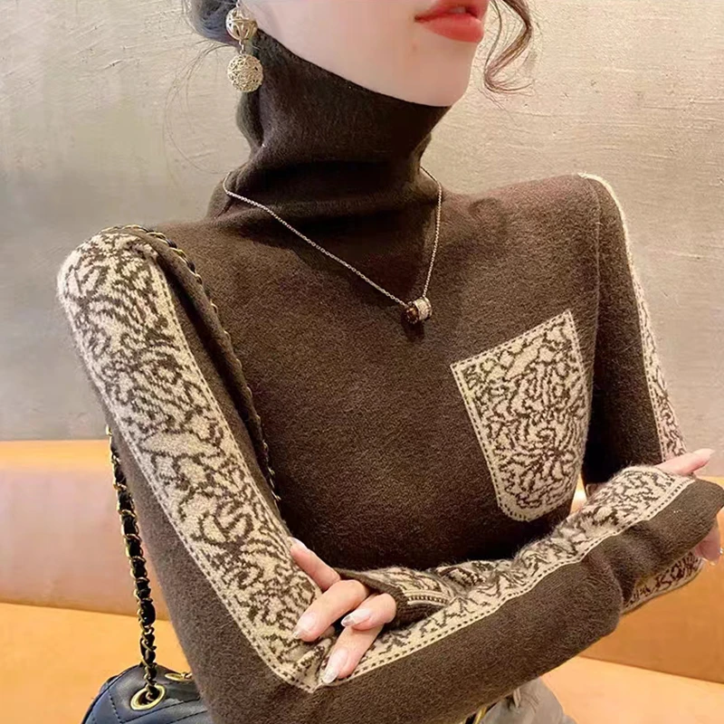 100纯羊毛衫女秋冬修身高领加厚短款打底衫刺绣内搭羊绒针织毛衣
