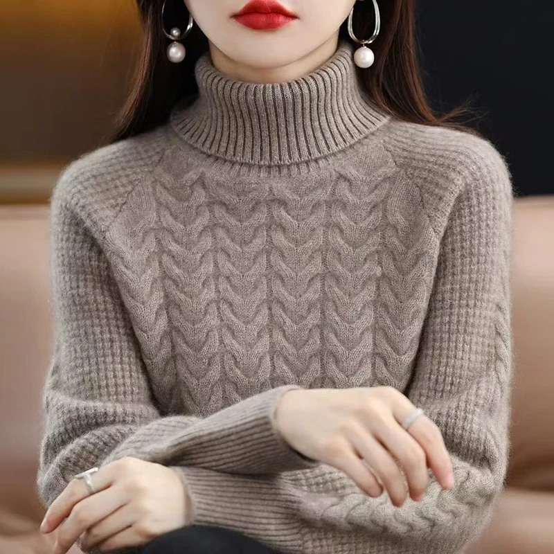 100纯羊毛衫女秋冬加厚高领保暖毛衣宽松针织百搭羊绒时尚打底衫