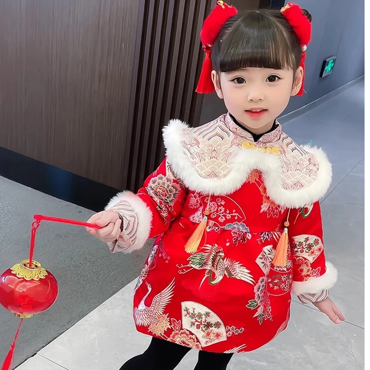 女童喜庆服冬季中国风春节唐装女宝宝过年周岁庆祝加棉加厚汉服套