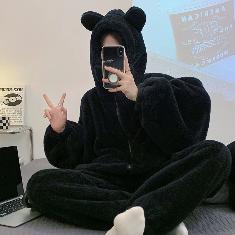 新款冬季睡衣女新款珊瑚绒加绒加厚可外穿拉链连帽情侣家居服套装