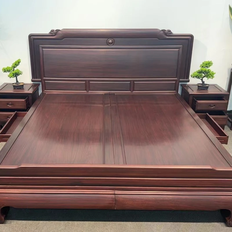 实木新古典轻奢简约如意大床家用别墅主卧经济型单人储物带床头柜