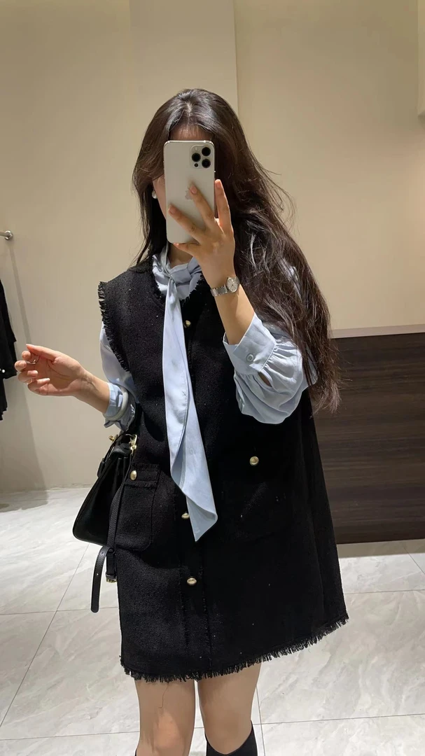 气质短款小香风背心裙+衬衣套装