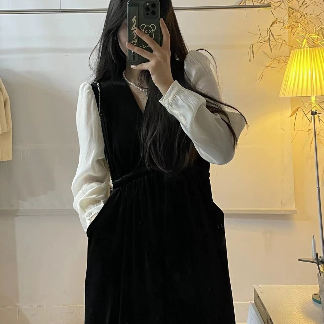法式收腰~袖子拼接气质丝绒连衣裙长裙