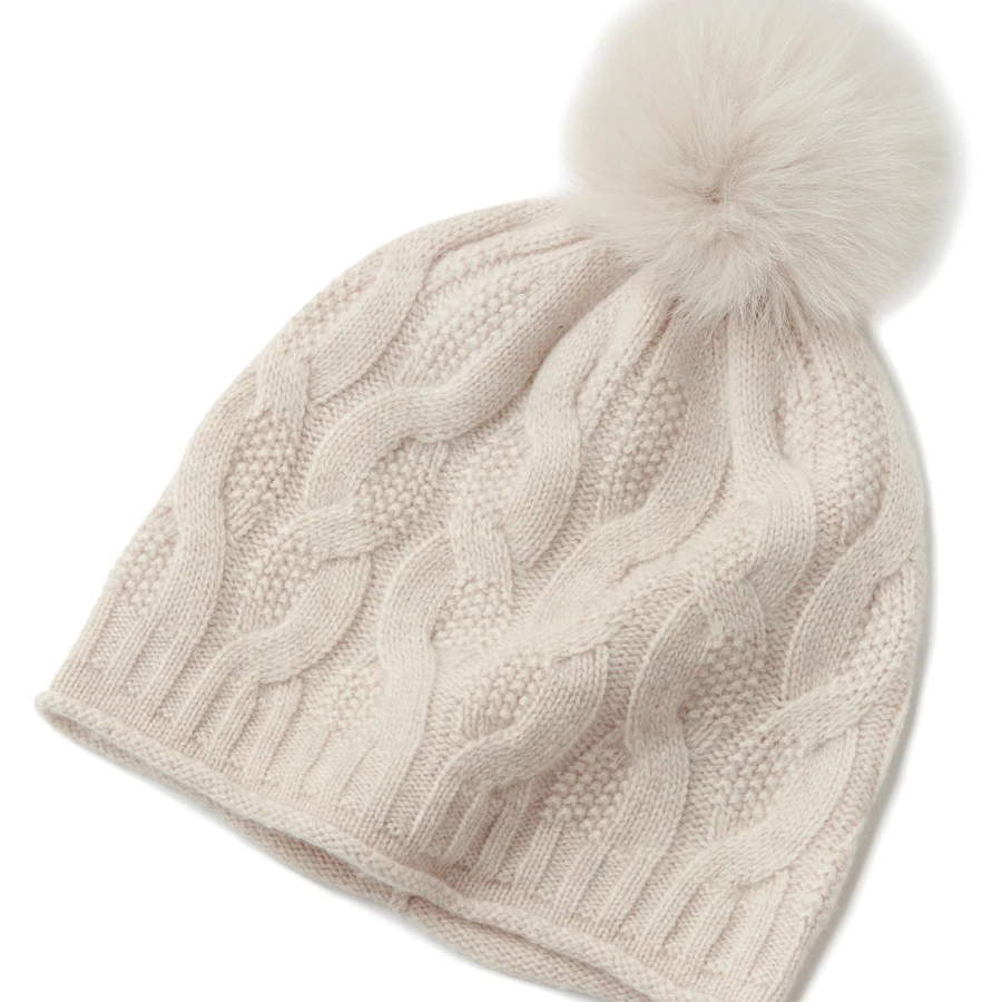 修饰脸型！100%山羊绒秋冬季女士休闲百搭卷边狐狸毛球针织毛线帽