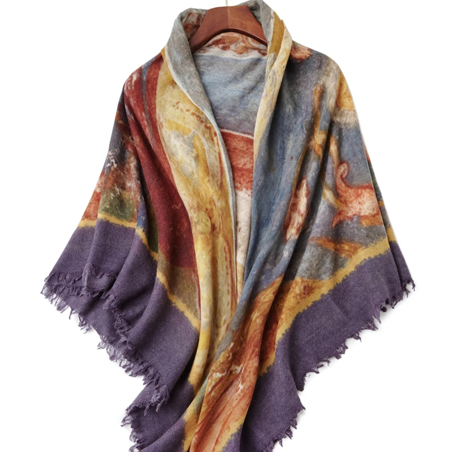 100%水煮羊毛女士大尺寸方巾油画风春秋百搭围巾披肩两用空调房