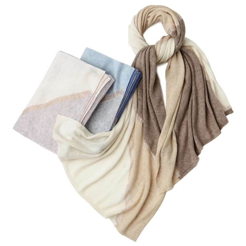 特惠订单款女士金丝线羊绒羊毛混纺针织围巾百搭女士拼色厚款披肩