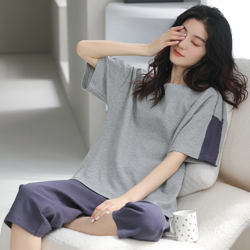 睡衣女夏季纯棉华夫格短袖七分裤休闲可外穿高端爆款家居服