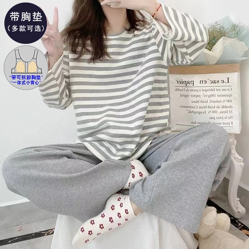 带胸垫一体爆款睡衣女春秋季长袖纯棉100％全棉防凸点秋冬款家居服