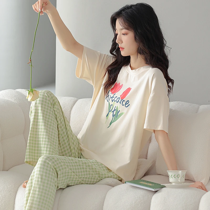 莫代尔睡衣女夏季短袖长裤纯棉休闲可外穿薄款高端爽棉纯色家居服