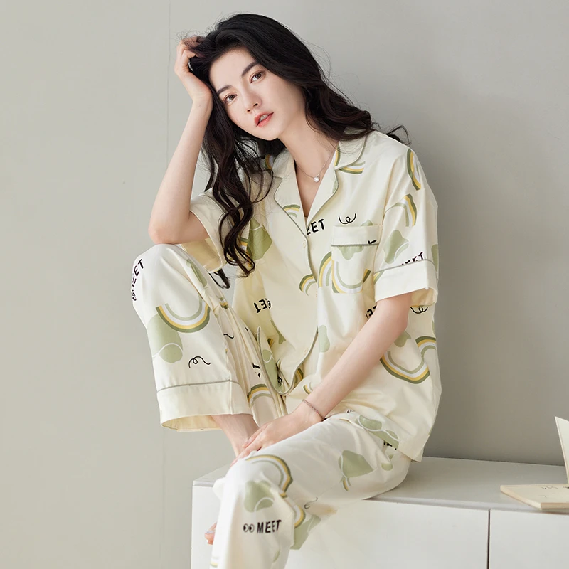 莫代尔睡衣女夏季纯棉短袖长裤春秋款开衫100％全棉休闲薄家居服