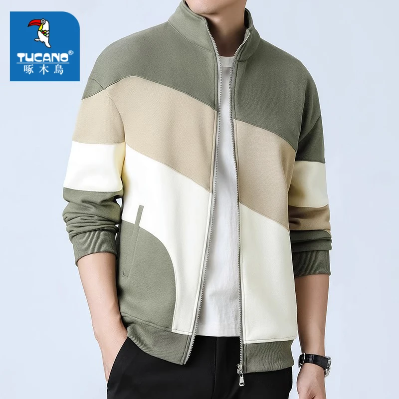 啄木鸟春秋季休闲夹克外套男韩版潮流百搭青年拼色立领上衣服外穿