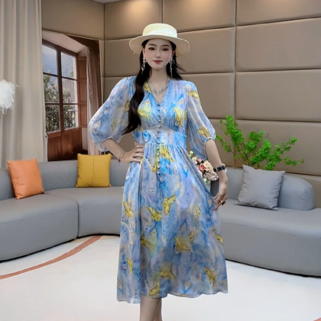 “蝴蝶梦” V领蓝色显瘦时尚休闲气质女士真丝连衣裙 90501