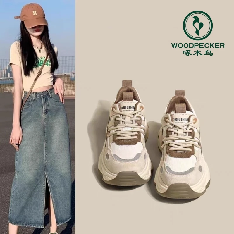 啄木鸟厚底老爹鞋女2025新款爆款女鞋春秋款显脚小运动休闲鞋女款
