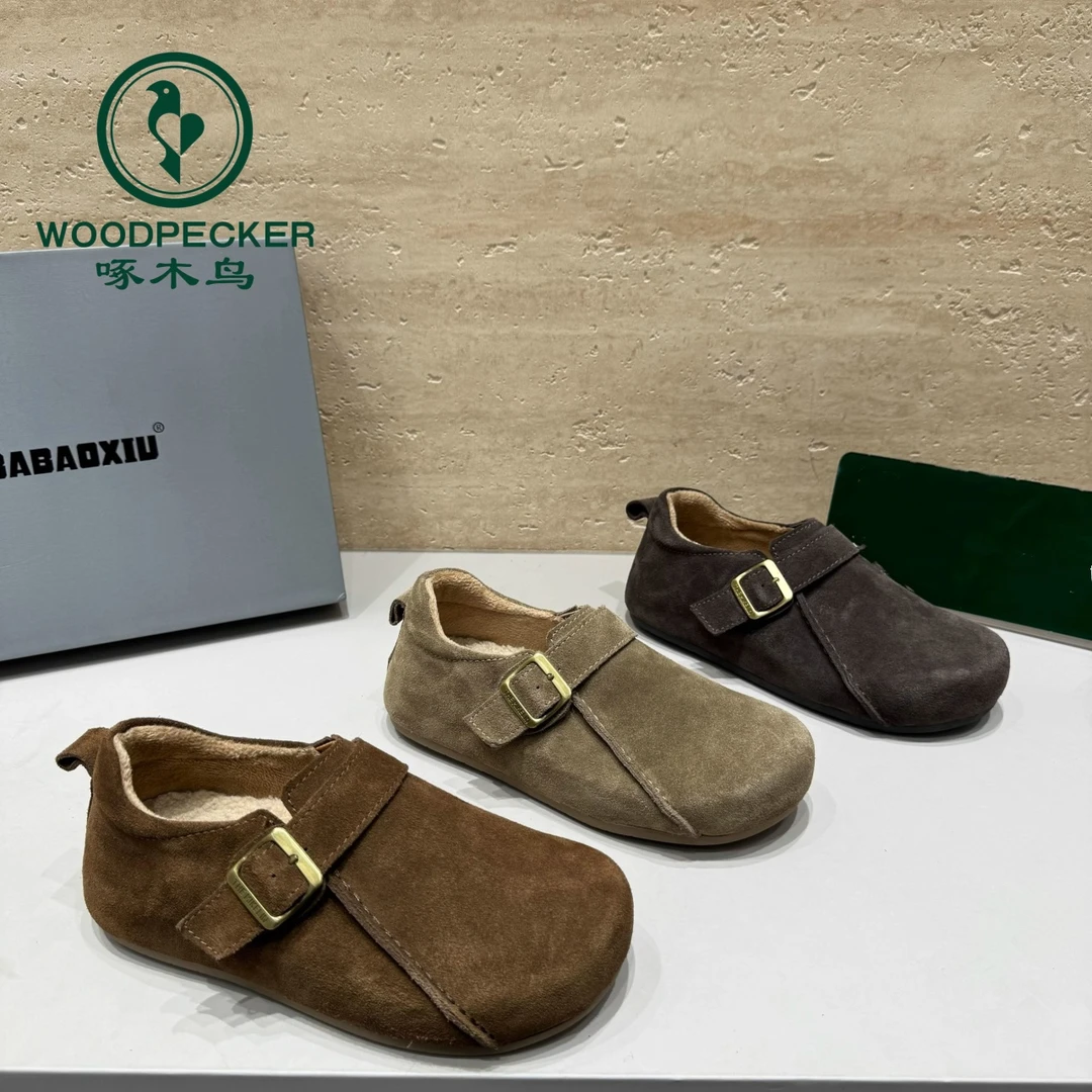 啄木鸟百搭加绒全包勃肯鞋女2024冬季新款懒人一脚蹬豆豆鞋乐福鞋