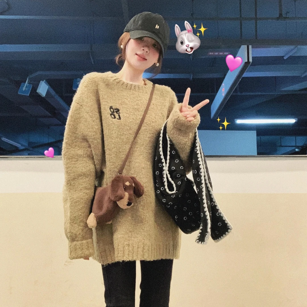 韩系慵懒风重磅软糯复古圆领套头毛衣女秋季加厚保暖宽松针织上衣