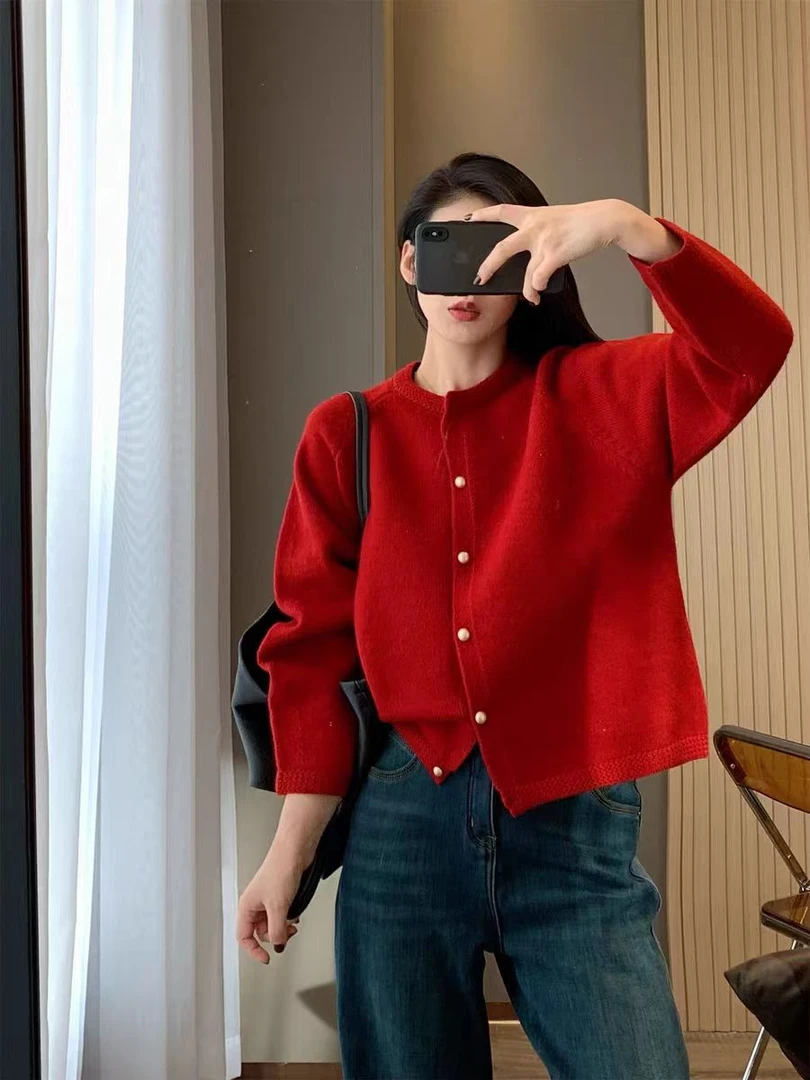 【小金豆开衫】网红韩版新款时尚百搭针织开衫圆领圣诞毛衣女065