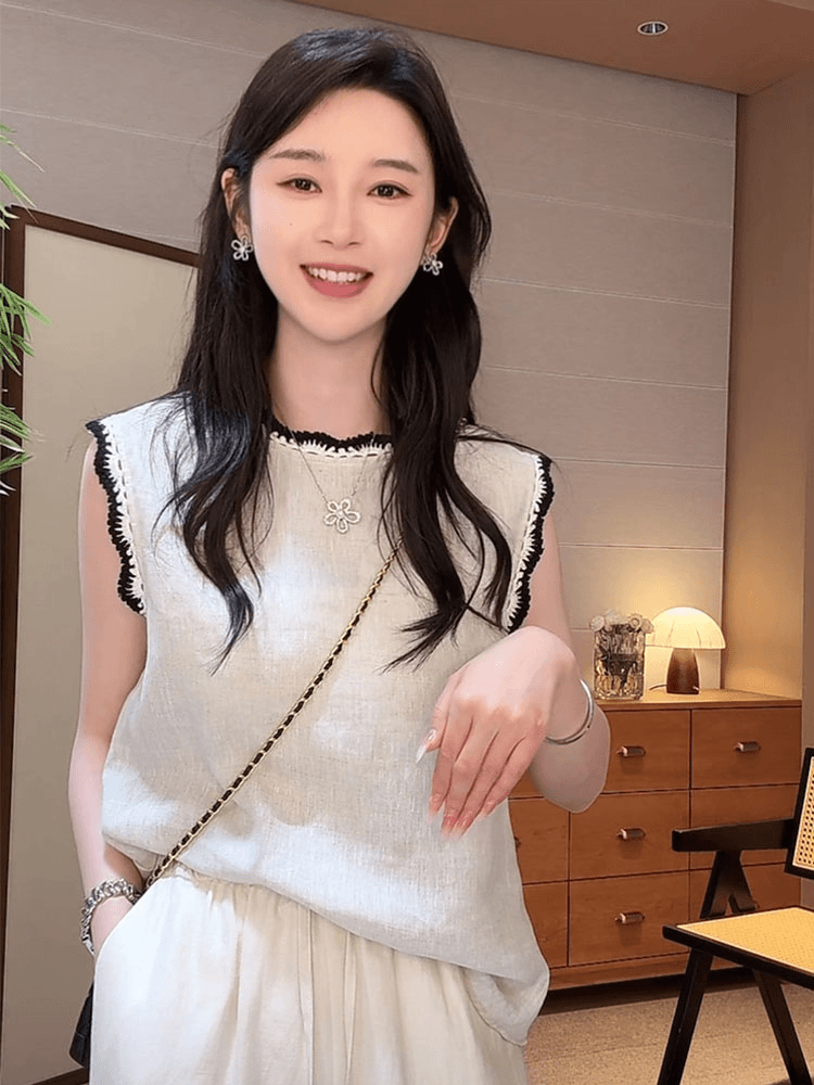 法式复古高级感无袖背心女夏季2024新款简约气质显瘦时尚百搭上衣