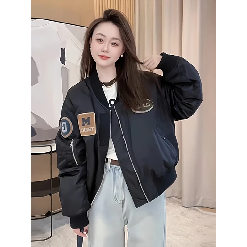 2023新款夹棉立领飞行员夹克女秋冬季美式复古加厚棒球服棉服外套