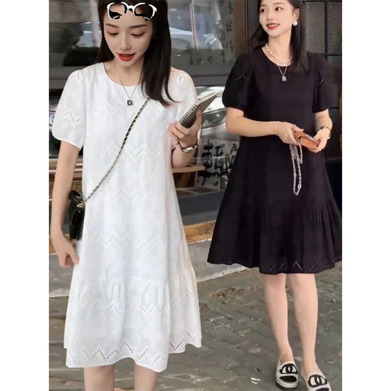 白色小个子泡泡袖减龄连衣裙女2024年夏季新款法式宽松初恋鱼尾裙