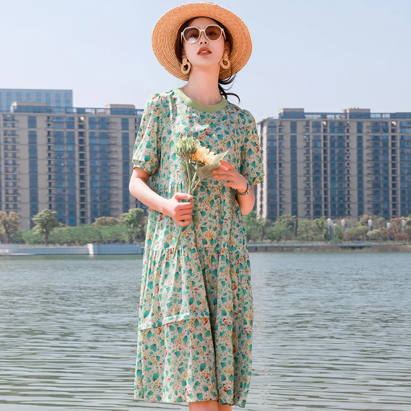 【欧克萨严选】A19-C2375新款桑蚕丝碎花显瘦轻奢女装连衣裙