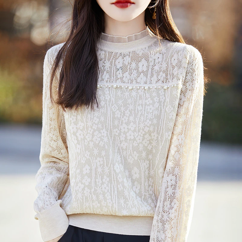 洋气镂空蕾丝上衣百搭显瘦休闲提花珍珠长袖打底衫内搭2406