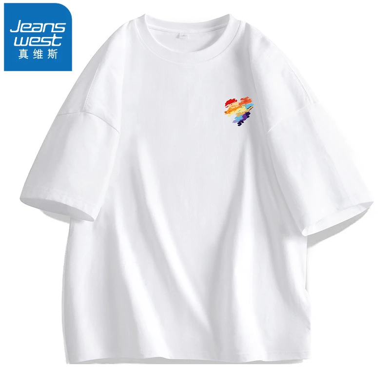 真维斯新款100棉圆领夏季女士短袖t恤情侣彩虹心印花ins打底衫