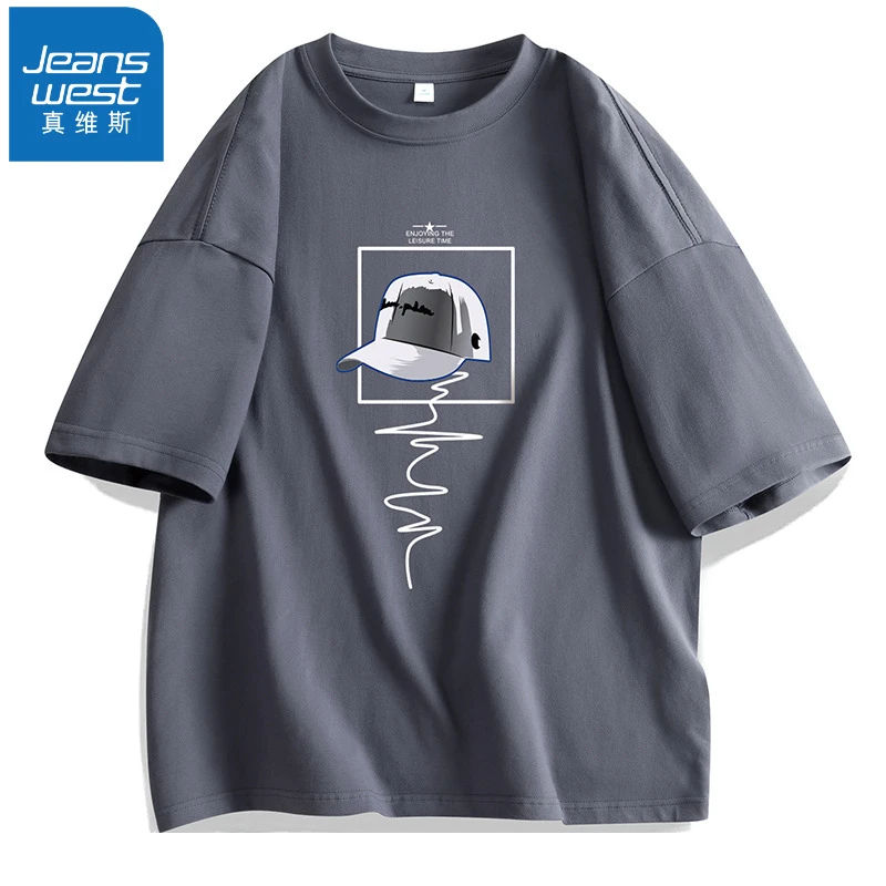 真维斯新款100棉圆领夏季美式短袖t恤情侣帽子印花ins打底衫