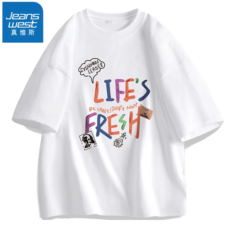 真维斯新款100棉圆领夏季美式短袖t恤情侣生活印花ins打底衫